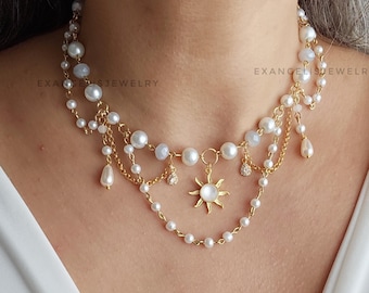 Gold Plated Sun Pendant Necklace: Pearl Angelcore Jewelry, Princesscore Nacklace
