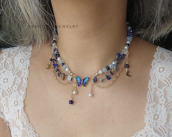 Lapis Butterfly Choker: Fairycore Pearl Necklace