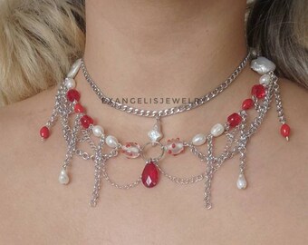 Qırmızı Goth Necklace, Grunge Fairycore Necklace, Fresh Water Pearl Necklace, Y2K Aesthetic Necklace