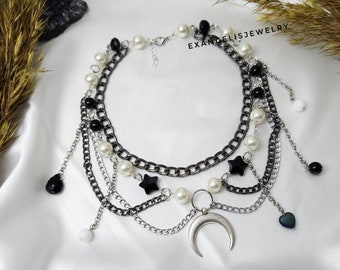 Pearl Grunge Fairycore Necklace, Grunge Fairycore Necklace with Crescent Pandent, Y2K Aesthetic Necklace