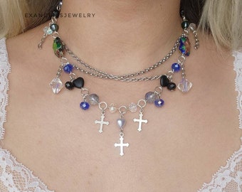 Three Cross Charm Beaded Fairycore Necklace, Fairy Aesthetic Necklace, Grunge Fairycore Necklace with Cross Charm