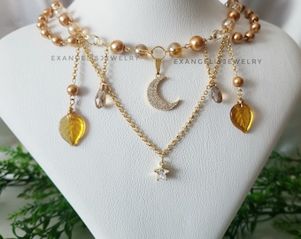 Goldy Beaded Celestialcore Necklace with Zircon Crescent Pendant, Grunge Fairycore Necklace, Handmade Jewelry, Cottagecore