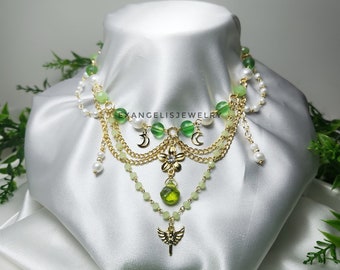 Fairy Fest Green Beaded Fairycore Necklace with Gold Plated Flower Pandent, Grunge Fairycore Necklace, Handmade Jewelry,Cottagecore Necklace