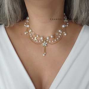 Handgemachte Perlenkette Fairycore: Strass Blumen Anhänger