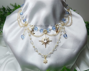 Blue Czech Beaded Fairycore Necklace: Gold Star Pendant, Handmade