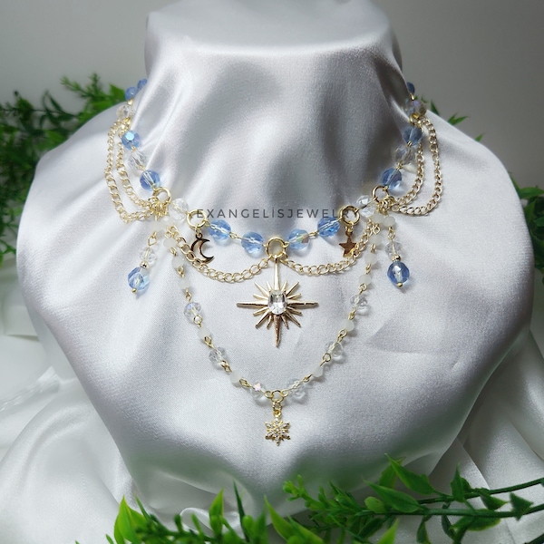 Collier bleu tchèque guirlande de perles avec strass Sirius Star Pandent plaqué or, collier grunge guirlande de fées, bijoux faits main