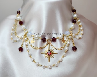 Collier guirlande de perles rouges et blanches avec breloque étoile de Sirius en plaqué or, collier guirlande grunge, bijoux faits main, collier cottage