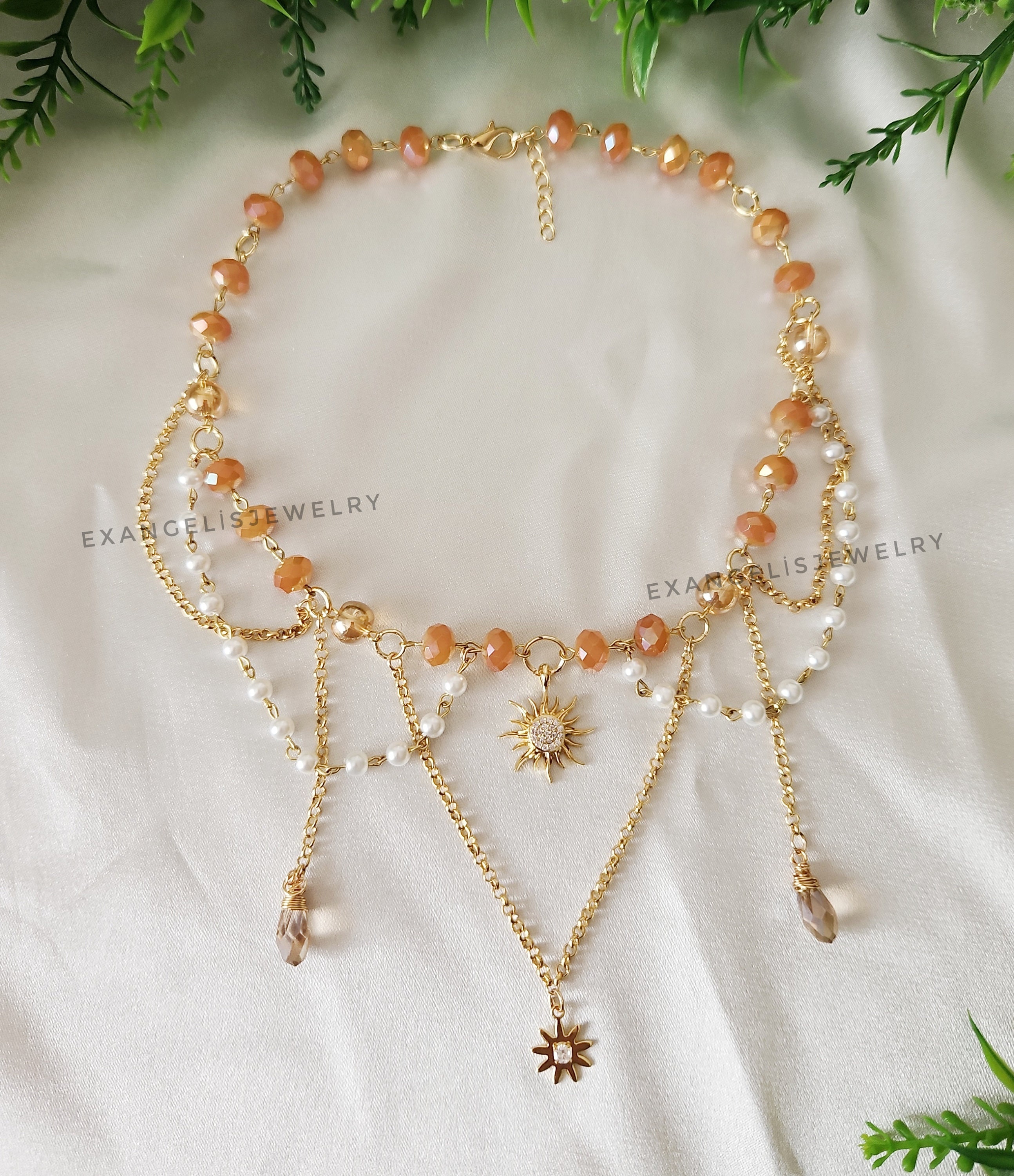Goldy Beaded Fairycore Necklace With Zircon Sun Pendant Goldy Beaded Fairycore Necklace With Zircon Sun Pendant