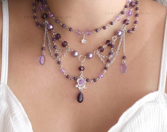 Amethyst Fairy Cascade Necklace, Purple Layered Beaded Necklace, Whimsical Fairycore Jewelry, Lavender Twilight  Charm Necklace