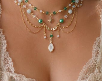Emerald Green Fairycore Necklace | Fantasy Layered Necklace | Green Crystal & Pearl Statement Necklace | Cottagecore Jewelry