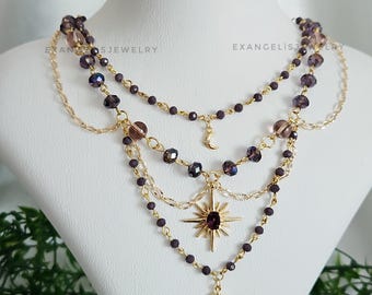 Handmade Celestial Star Pendant Necklace: Glass Beads, Gold Plated Brass, Fairycore Necklace