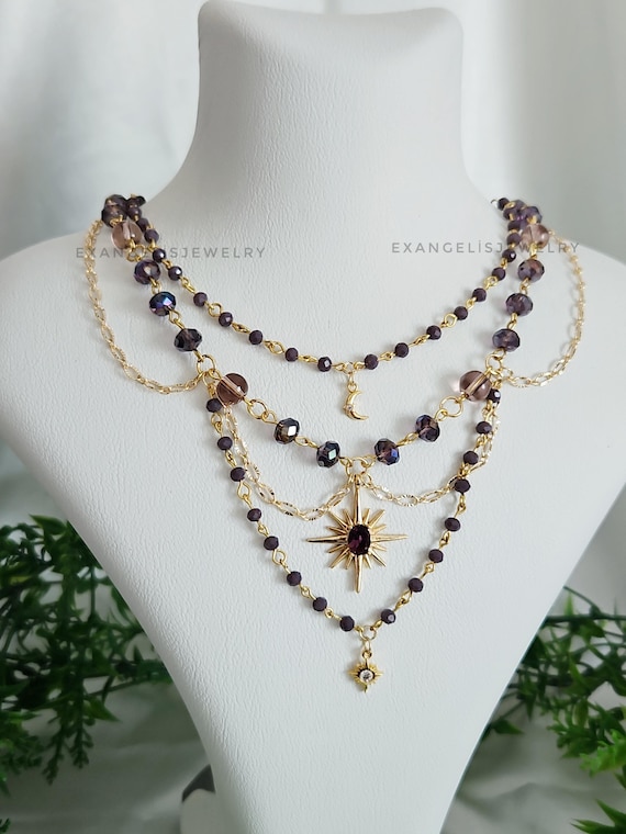 Handmade Celestial Star Pendant Necklace: Glass Beads, Gold Plated Brass, Fairycore Necklace