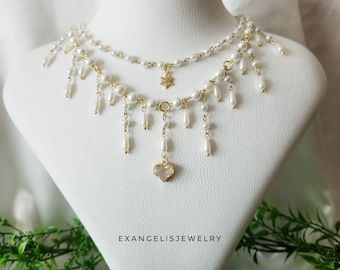 White Beaded Heart Pendant Necklace: Princesscore Fairycore Jewelry