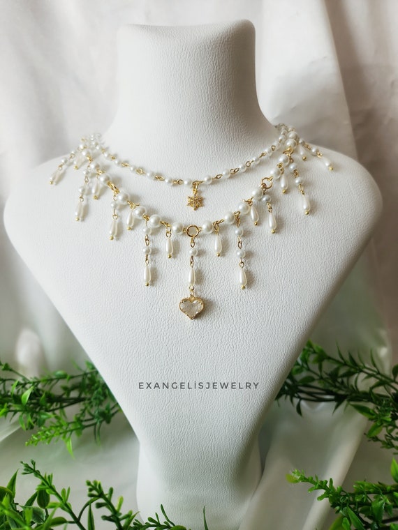 Princesscore White Beaded Grunge Necklace, Grunge Fairycore