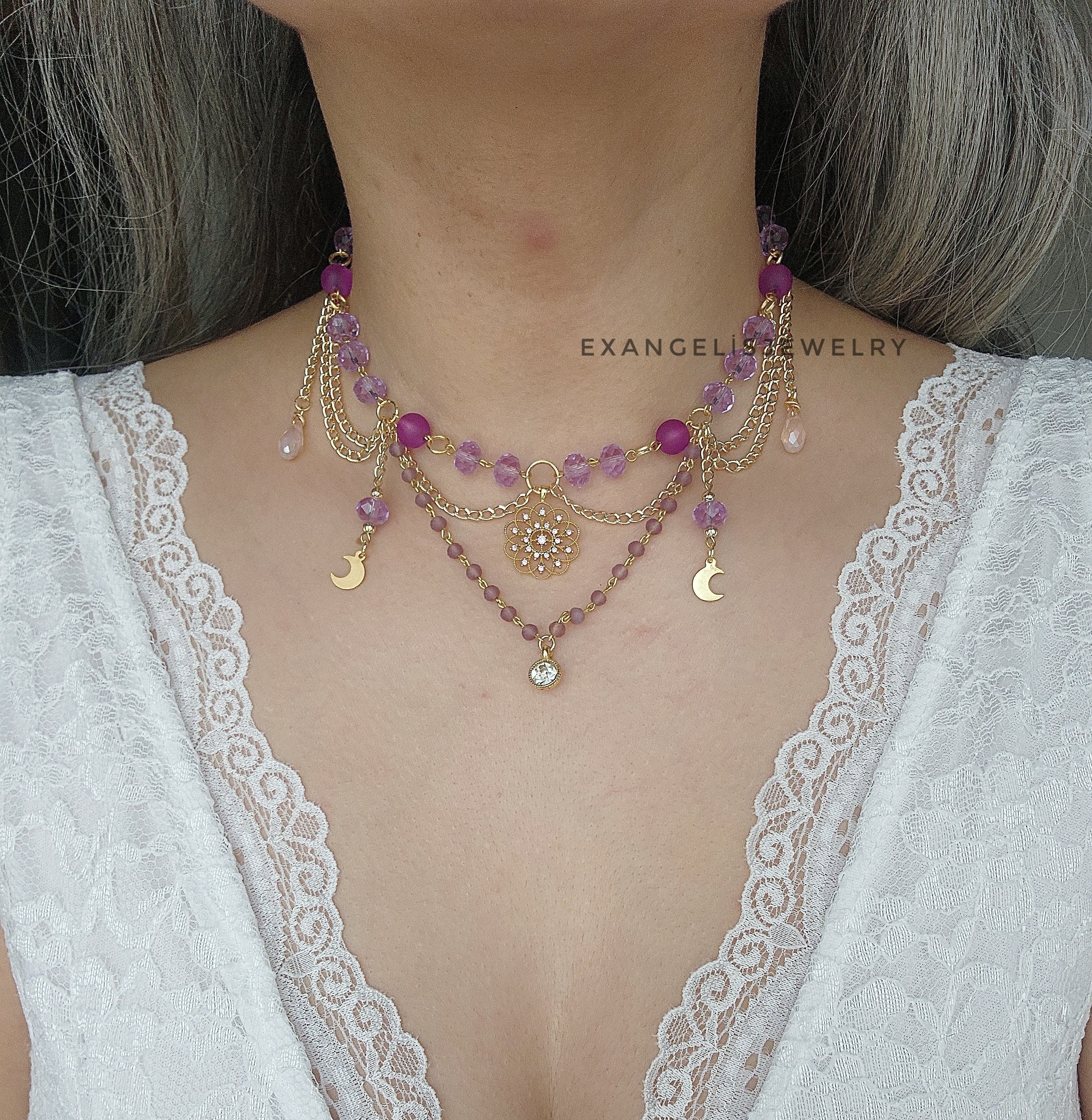 Violet Beaded Princesscore Grunge Necklace With Life of