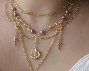 Handmade Gold Sun Pendant Necklace – Crystal & Pearl Beaded, Fairycore Jewelry