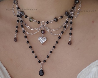 Fairycore Layered Silver Necklace, Black Beaded Gothic Necklace, Crystal Heart Pendant, Dark Romantic Jewelry, Handmade Boho Choker Gift