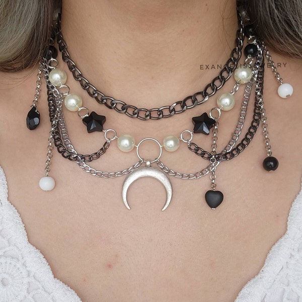 Pearl Grunge Fairycore Necklace, Grunge Fairycore Necklace with Crescent Pandent, Y2K Aesthetic Necklace