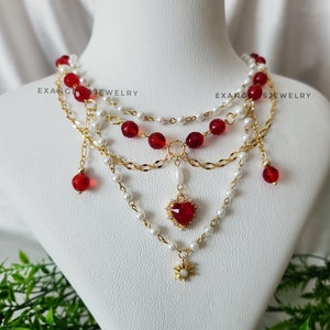 Romantic Layered Beaded Fairycore Necklace with Gold Plated Heart Charm, Grunge Fairycore Necklace, Handmade Jewelry, Cottagecore
