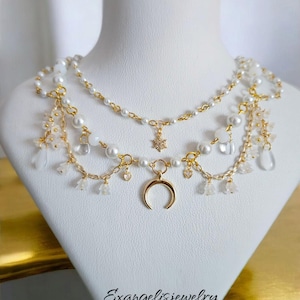 White Magic Royalcore Necklace, Aesthetic Pearl Necklace, Fairycore Necklace, Gold Pearl Necklace,Handmade Jewelry, Princesscore Necklace