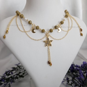 Handmade Gold Flower Necklace, Light Brown Crystal Pearl Beaded Statement Jewelry