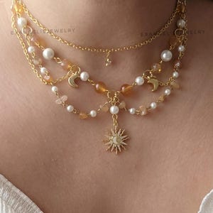 Handmade Celestial Pearl Necklace, Sun Moon Star, Fairycore Jewelry