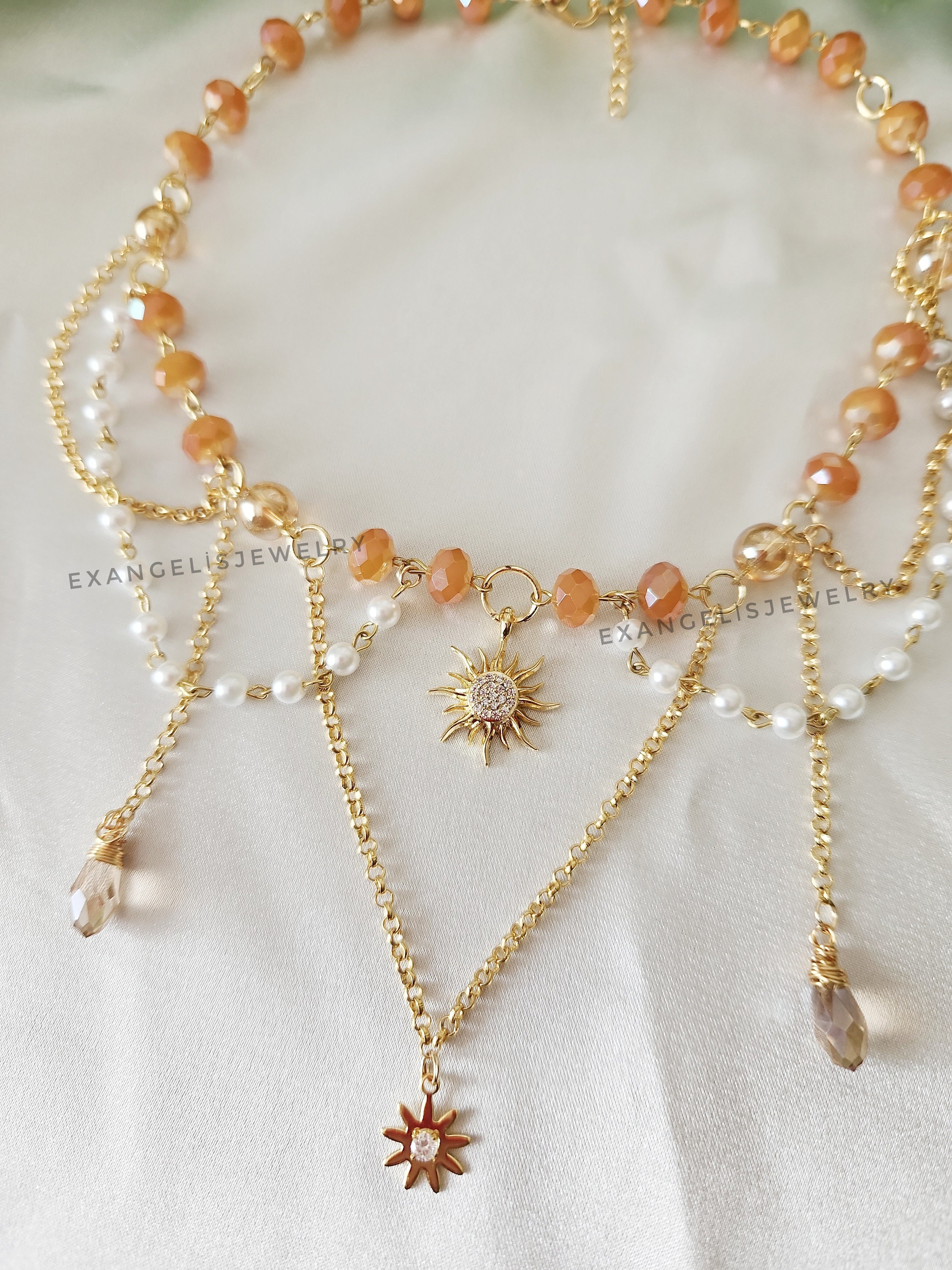 Goldy Beaded Fairycore Necklace With Zircon Sun Pendant