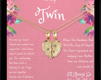 Matching necklaces for twins, solid gold joined heart pendant for twin sister, to my twin jewelry for her, Brother and Sister Necklace