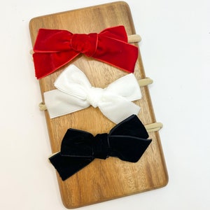 Baby Headband Bow, Christmas Holiday Velvet bow with soft stretchy nylon band.