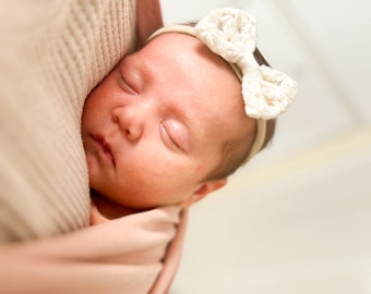 Baby Headband Bow, Neutral Embroiderd fabric bow with soft stretchy nylon band.