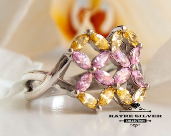 Handmade 925 Sterling Silver Marquise Stone Ring: Pink & Yellow