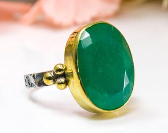 Silver Jade Ring, Oval Green Natural Jade Gemstone