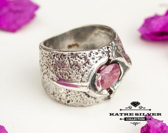Handmade 925 Sterling Silver Pink Ruby Statement Ring
