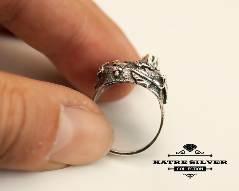 Handmade Sterling Silver Emerald Ring: Gold Leaf Design image 8