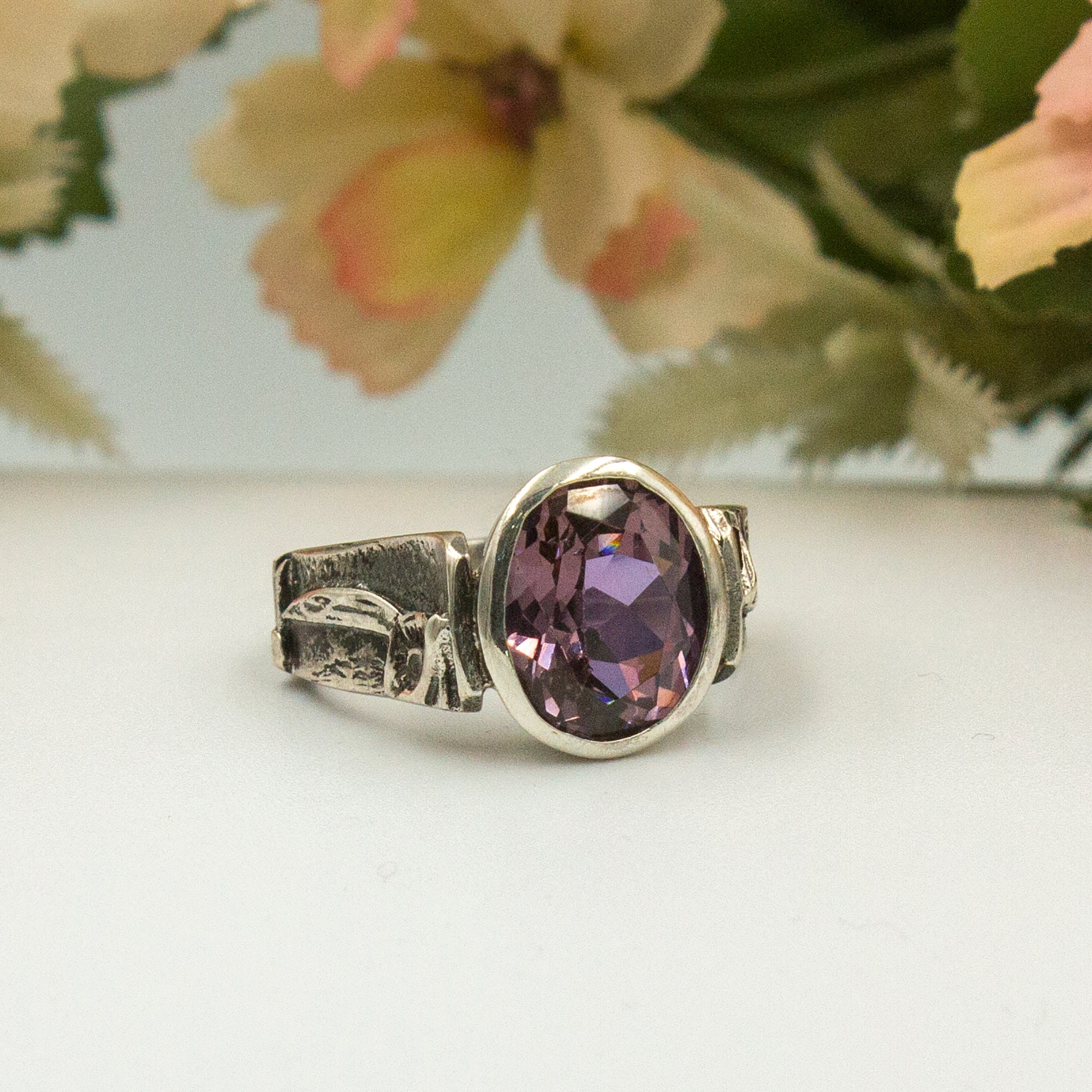 Natural Purple Amethyst Owl Pattern Ring 925 Sterling Silver