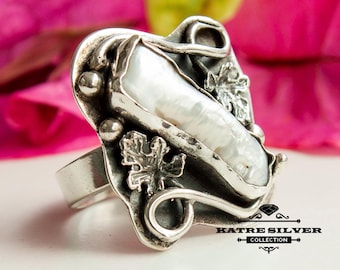 Handmade Sterling Silver Pearl Ring: Boho Art Jewelry