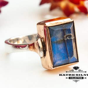 Handmade Rectangle Labradorite Statement Ring: 925 Sterling Silver Boho Jewelry