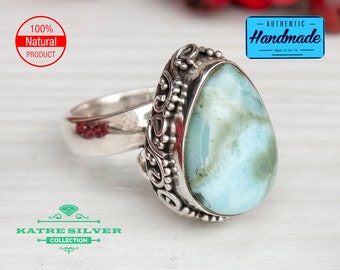 Silver Genuine Larimar Ring, Larimar Silver Ring, Larimar Ring, Blue Larimar, Larimar Jewelry, Statement Ring, Blue Stone Ring, Boho Ring