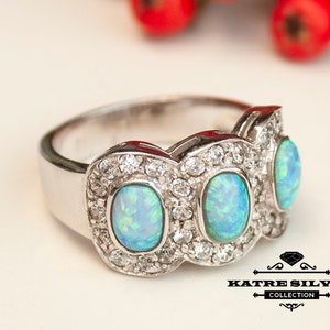 Handmade Sterling Silver Three Stone Blue Opal Ring