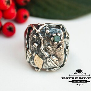 Handmade Sterling Silver Emerald Ring: Gold Leaf Design image 2
