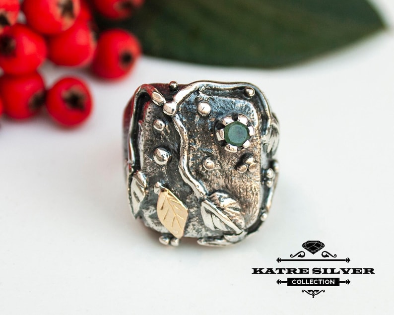 Handmade Sterling Silver Emerald Ring: Gold Leaf Design image 2