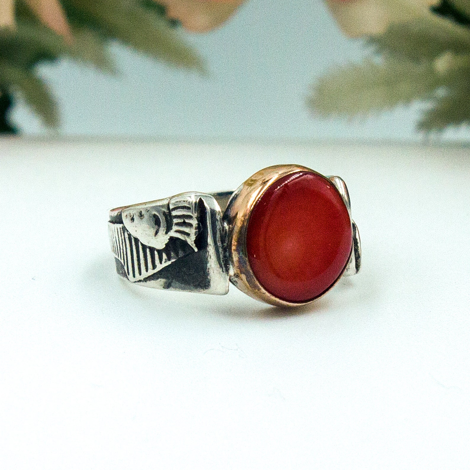 Ancient Egyptian Themed Unique Coral Stone Ring - Etsy