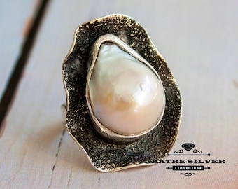 Anillo de perlas de los Mares del Sur hecho a mano: Joyería vintage llamativa de plata de ley 925