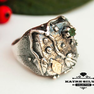 Handgemachte Sterling Silber Smaragd Ring: Blattgold Design