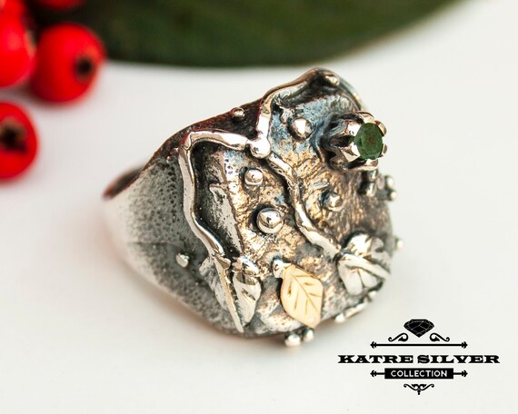 Handmade Sterling Silver Emerald Ring: Gold Leaf Design