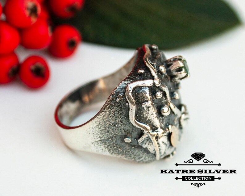 Handmade Sterling Silver Emerald Ring: Gold Leaf Design image 5