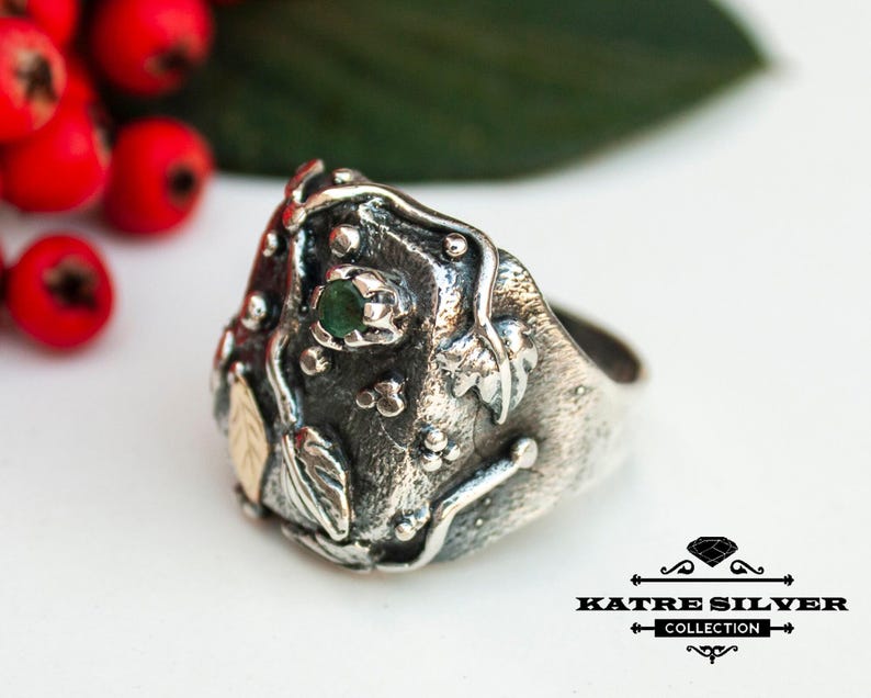 Handmade Sterling Silver Emerald Ring: Gold Leaf Design image 3