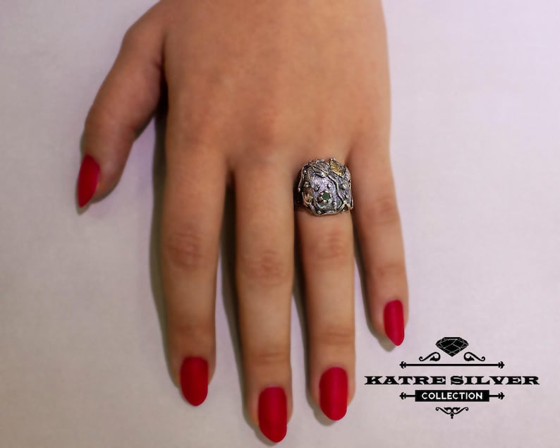Handmade Sterling Silver Emerald Ring: Gold Leaf Design image 6