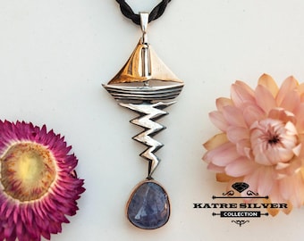 Blue Kyanite Art Deco Pendant: Handmade Sterling Silver Necklace