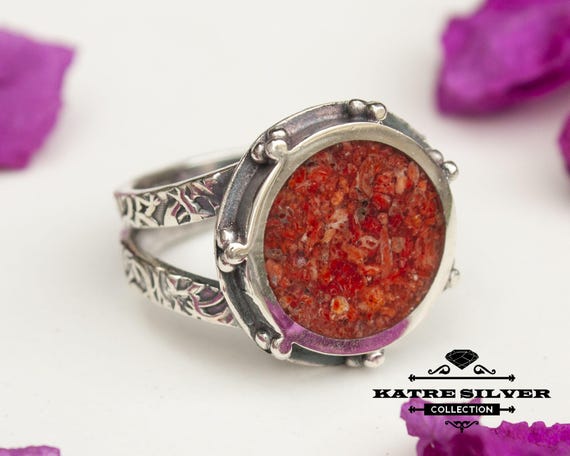 Handmade Coral Stone Inlay Ring: 925 Sterling Silver Boho Jewelry
